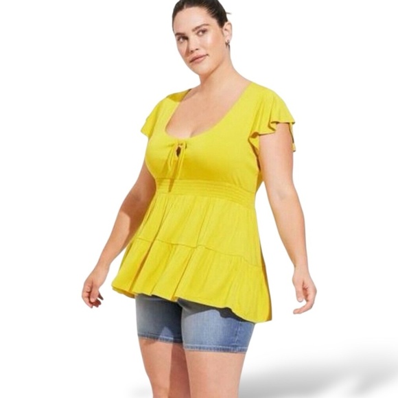 TORRID Jersey Knit Scoop Neck Flutter Sleeve Marigold Yellow Tiered Top US Sz 2X - Picture 1 of 9